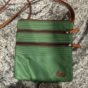 Dooney & Bourke Olive Green Nylon Triple Zip Crossbody Brown Leather Strap